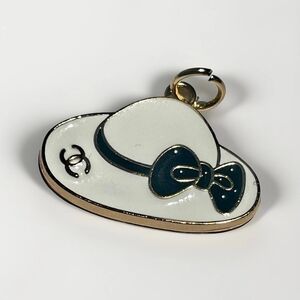 CHANEL Vintage Authentic Enamel Derby Hat Charm White Black Bow France Pendant